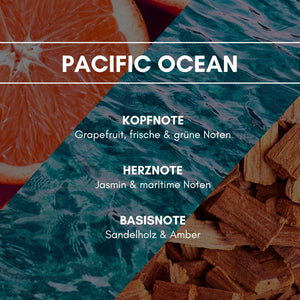 Raumduft "Pacific Ocean": Pacific Ocean sticht vor allem wegen seiner sommerlichen Brise heraus und verleiht dem Raum eine sportliche Frische. Den leicht fruchtigen Abgang verleiht ein Spritzer Grapefruit.