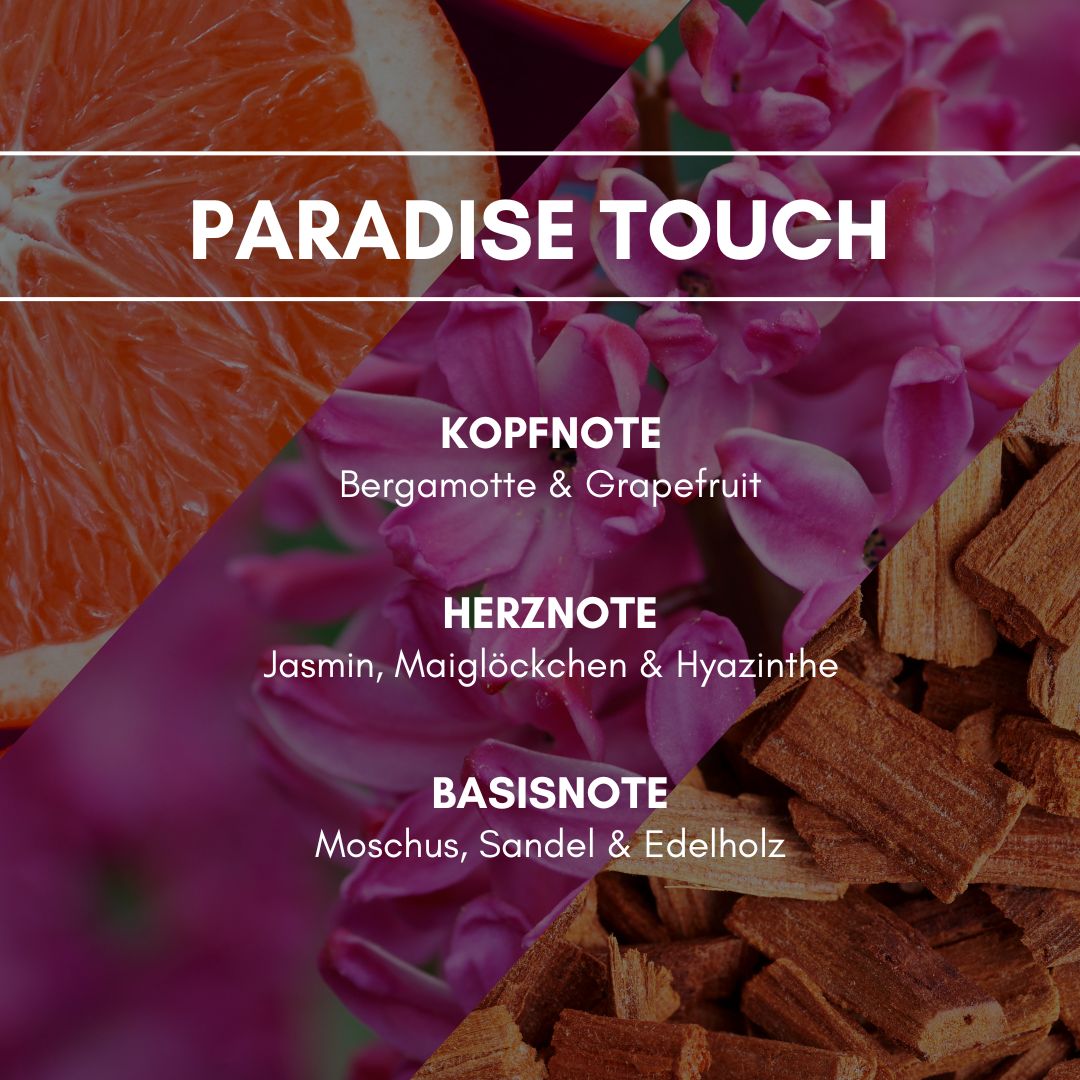 Raumduft "Paradise Touch": Eine traumhafte, entspannende Komposition aus bunten Blütenblättern und tunesischem Jasmin wird abgerundet mit balsamischen Aspekten und süßen Edelhölzern.