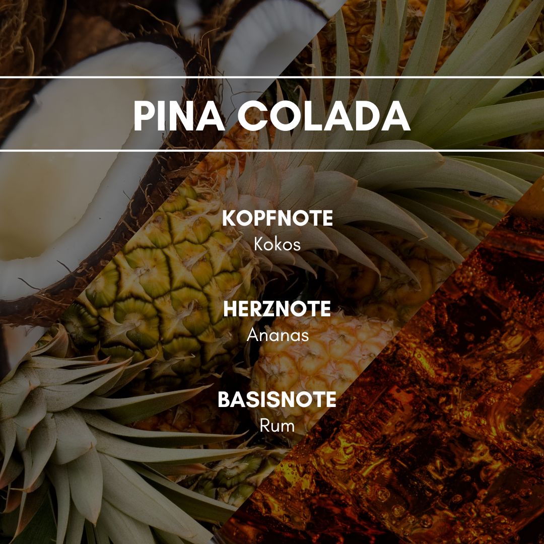 Pina Colada: Eine fruchtig-exotische Harmonie zwischen Ananas, Kokosnuss und der zarten Note von karibischem Rum.
