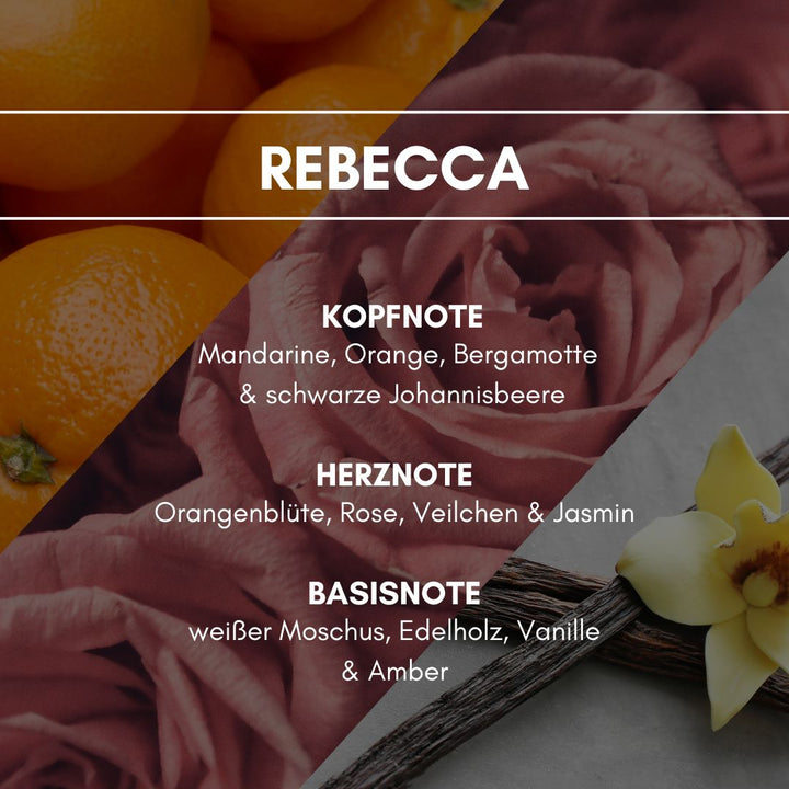 Raumduft "Rebecca": Der feminine, fruchtig süße Duft nach schwarzer Johannisbeere, Orange und Mandarine, einer Auswahl an zartduftenden Blüten und der weichen Basis von Vanille, Amber und einem Hauch Moschus, hinterlässt eine angenehme Wohlfühlatmosphäre.