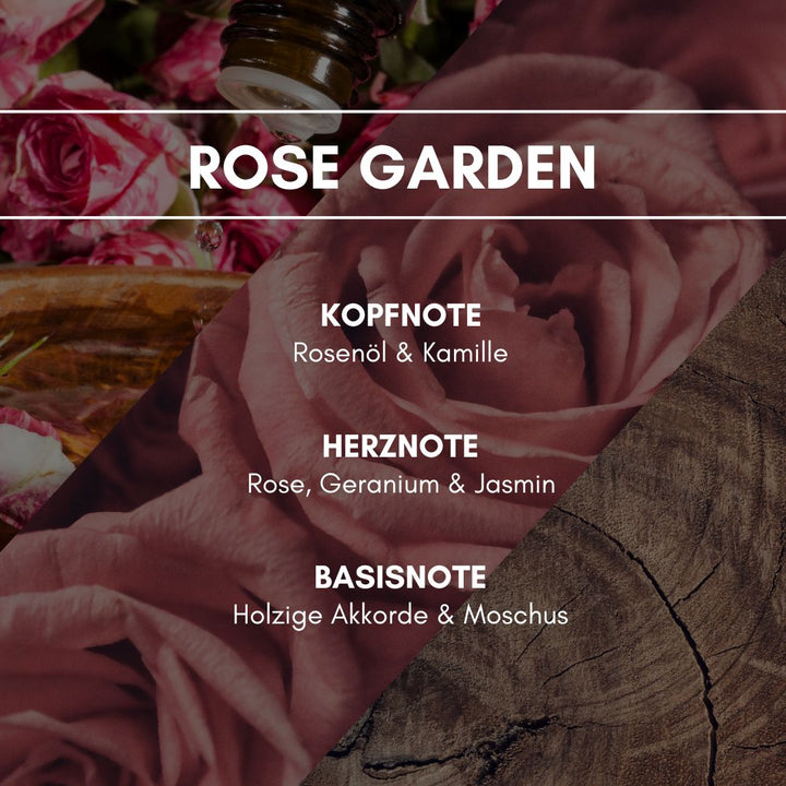 Aerosol Duftspray "Rose Garden": Eine romantisch betörende Stimmung, ausgelöst durch zarte Rosenblütenblätter verschiedener Rosenarten mit einem Hauch grüner Frische und einer holzigen Basisnote.