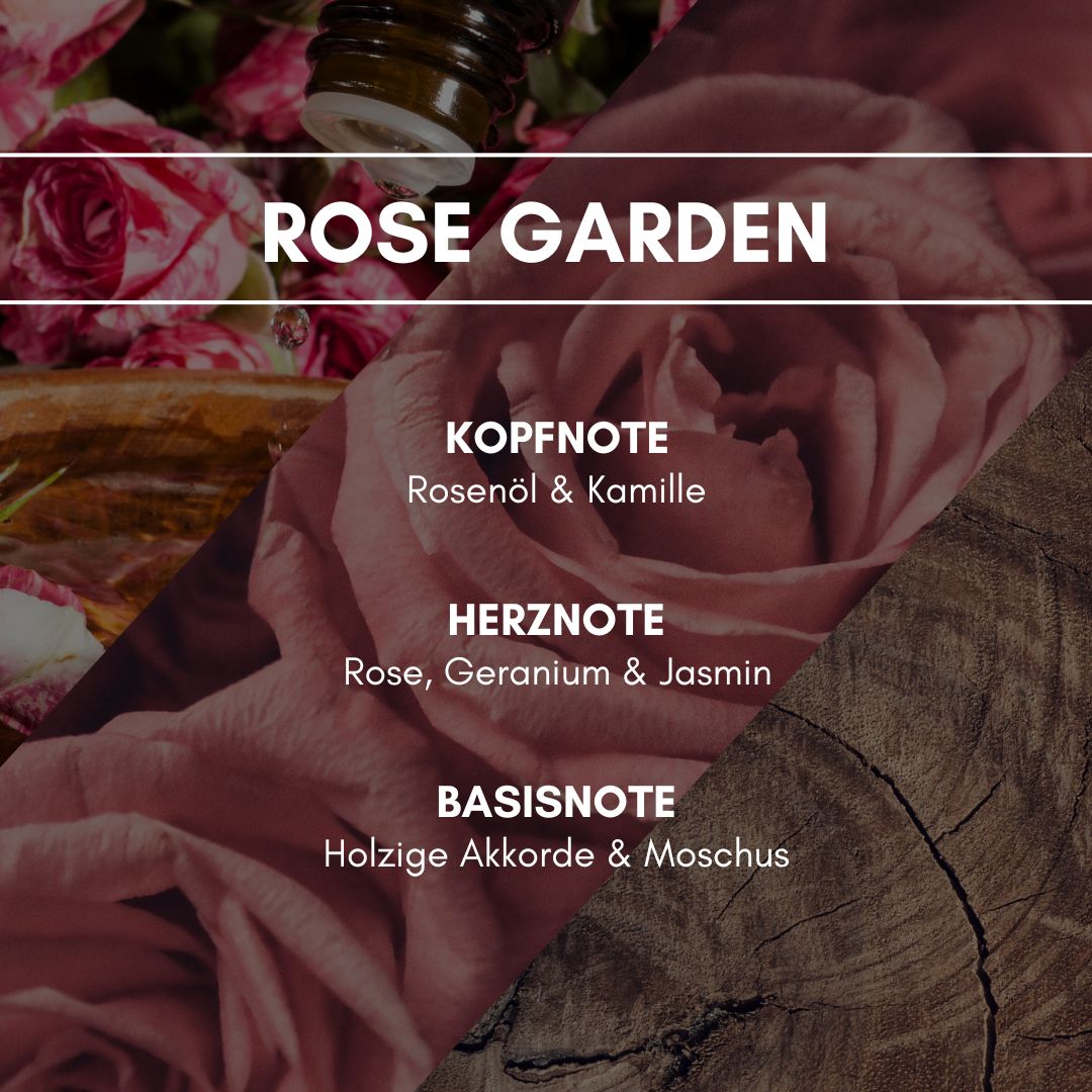 Raumduft "Rose Garden": Eine romantisch betörende Stimmung, ausgelöst durch zarte Rosenblütenblätter verschiedener Rosenarten, mit einem Hauch grüner Frische und einer holzigen Basisnote.
