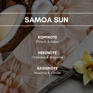 Samoa Sun: Eine Basis aus Vanille & Moschus sowie eine blumige Note von Orchidee & Magnolie verfeinert mit einer samtigen Pfirsichnuance, die sich mit einer feinen Kokosnote zu einem kulinarisch wirkenden Akkord verbinden.