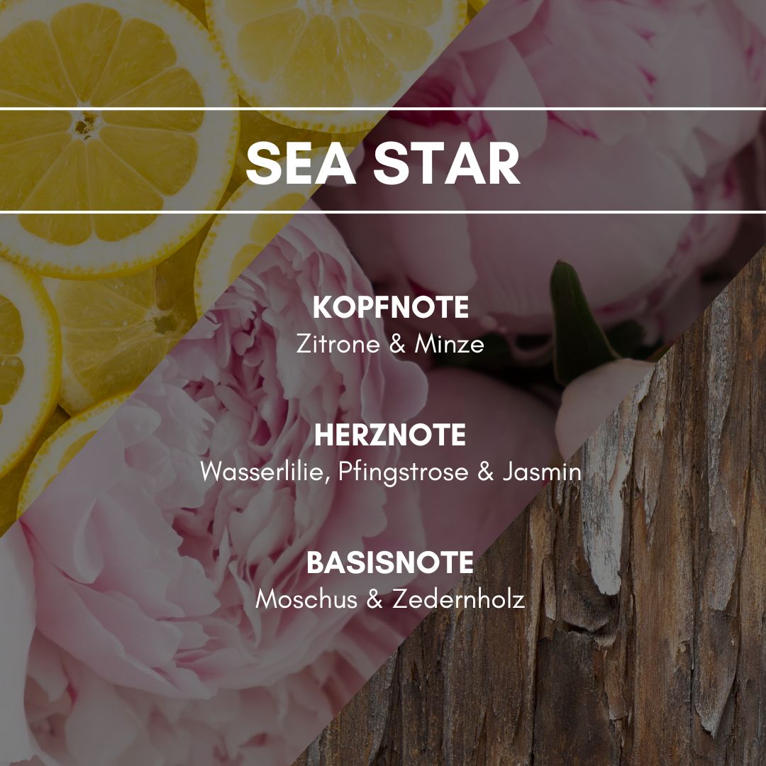 Sea Star: Ein maritimer Duft, geprägt durch Wasserlilie, Minze und Zitrone. Diese werden mit blumigen Akzenten aus Pfingstrose und Jasmin sowie einer Holznote aus Zeder und Moschus unterstützt.