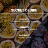 Aerosol Duftspray "Secret Desire": Ananas und Mandarine erfrischen die angenehm duftende, orientalisch würzige Parfümnote. Pflaume und Vanille bilden die süße Basis. Dieser orientalisch-würzige Parfümduft bringt ein extravagantes und edles Flair in Ihre Räume. 