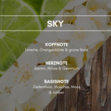 Aerosol Duftspray "Sky": Ein zeitloser, aromatisch sportlicher Duft, bestehend aus Limette, Jasmin und Geranium sowie Sandelholz, Moschus, Amber mit einem kühlen Frischekick der Minze.