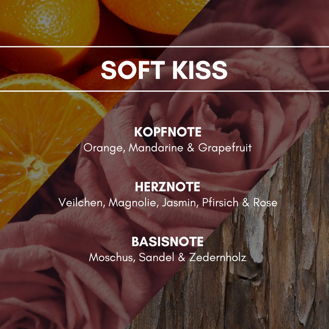 Raumduft "Soft Kiss": Eine angenehm frische und balsamische Duftessenz mit einem zarten Spritzer verschiedener Blütennuancen.