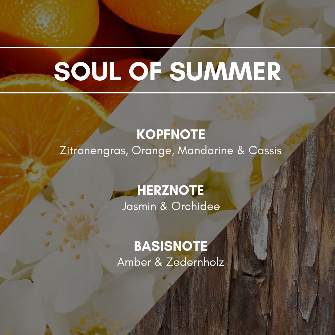Raumduft "Soul of Summer"/ "Sommer": Ein fruchtiger Mix aus frisch gepressten Orangen und Zitronen, dazu der Charme einer warmen Parfümnote.