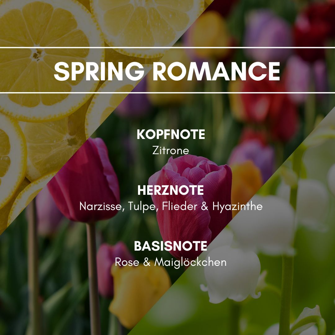 Raumduft "Spring Romance / Frühling": Eine zarte und harmonisch warme Brise aus einem Mix der verschiedensten Frühjahrsblumen wie Tulpe, Flieder und gelbe Narzisse mit frischem grünen Gras.