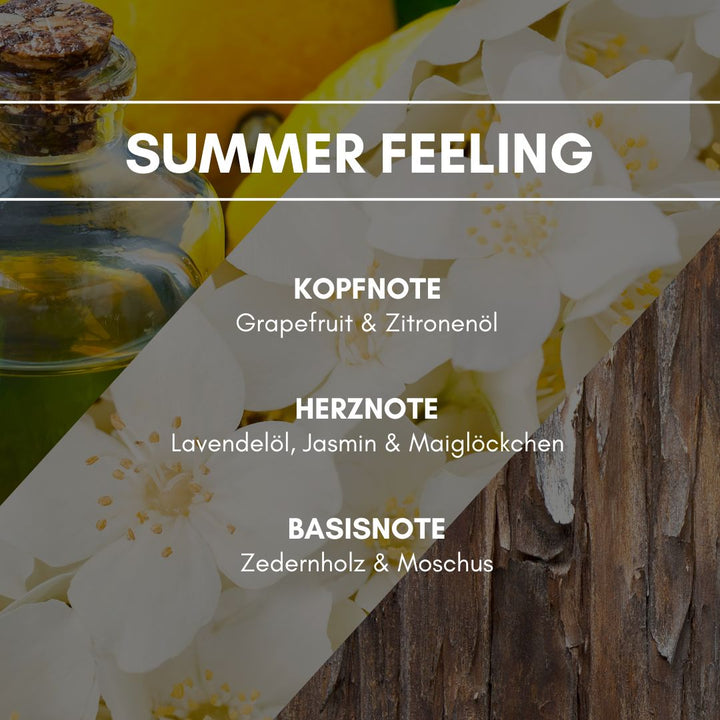 Summer Feeling: Die originelle und elegante Blumen-Frucht-Komposition aus Zitrusfrüchten und Lavendelblüten zieht jede Nase in ihren Bann.