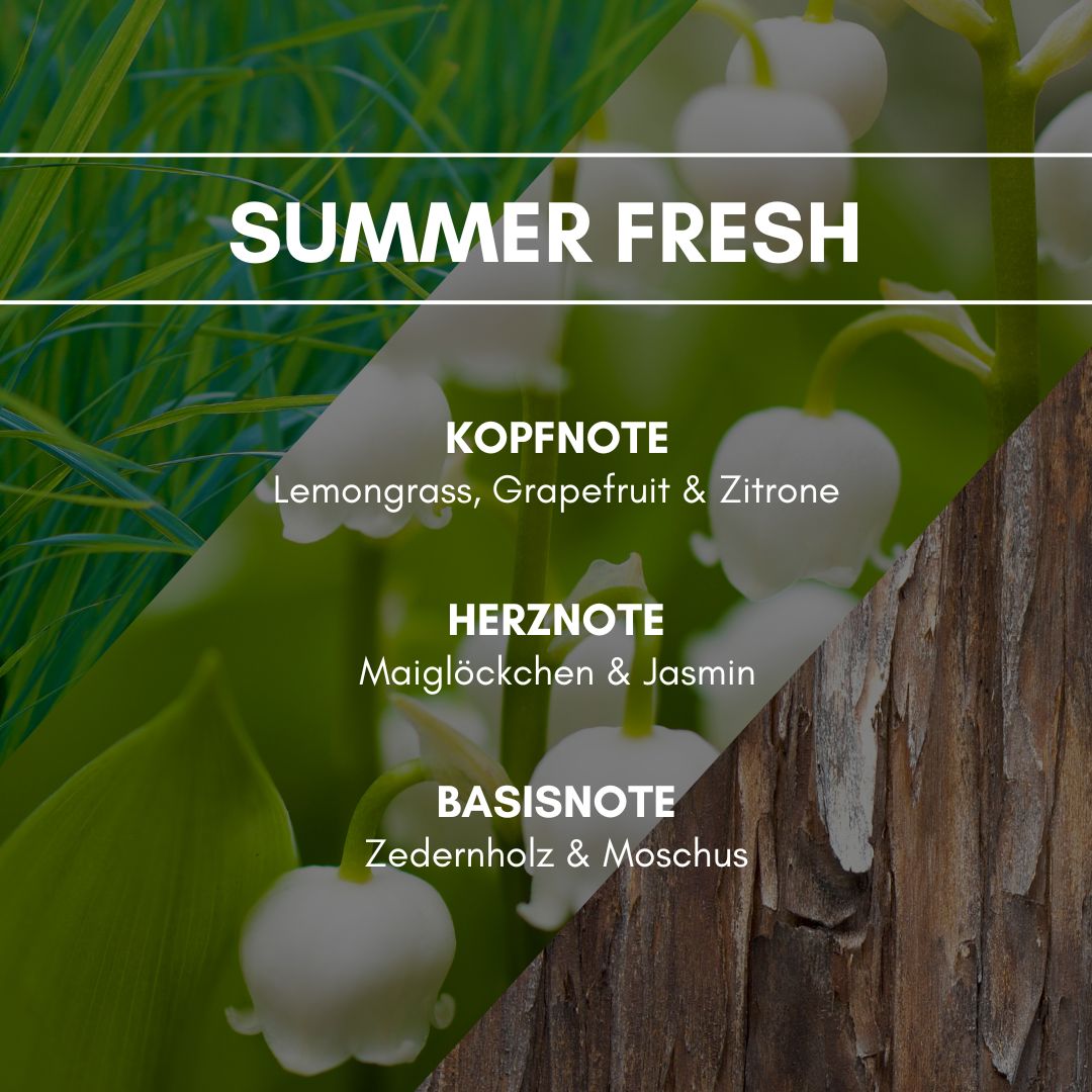 Raumduft "Summer Fresh": Der frische und spritzige Zitronengrasduft imponiert durch sein ätherisches Feeling, welches durch einen blumig fruchtigen Fond abgerundet wird.