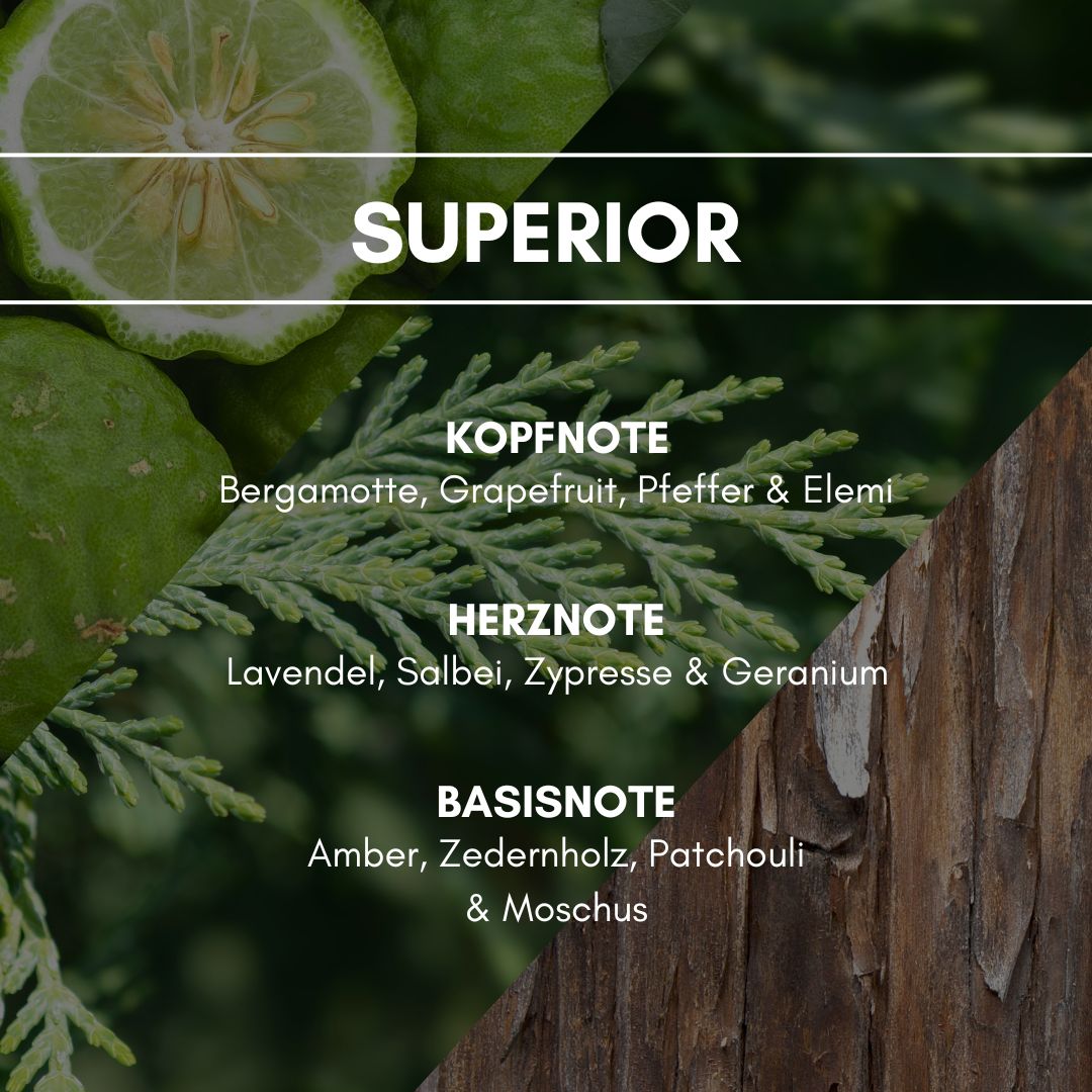 Raumduft "Superior": Der edle und maskuline Herrenduft spiegelt eine kraftvoll-starke Haltung wieder. Bergamotte, Zypresse & Amber harmonieren verführerisch mutig zusammen und sind die Krönung unseres Superior.