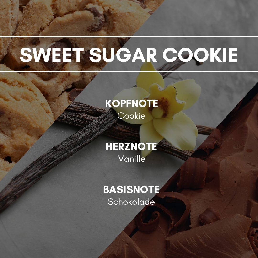 Raumduft "Sweet Sugar Cookie": Mit einem Topping von süß herben Schokodrops und der traumhaften Kombination aus süßlichen Vanillearoma & einem Hauch von cremigen Karamell lassen die Cookie-Liebhaber Herzen höher schlagen.