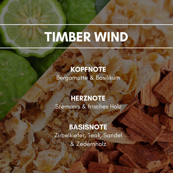 Raumduft "Timber Wind": Ein Duft, der deine Räume mit einer frischen und zugleich angenehm warmen Holznote verzaubert. Verschiedene Hölzer bilden die Basis für diese Kreation. Ein Spritzer Bergamotte rundet das Ganze mit der nötigen Frische ab.