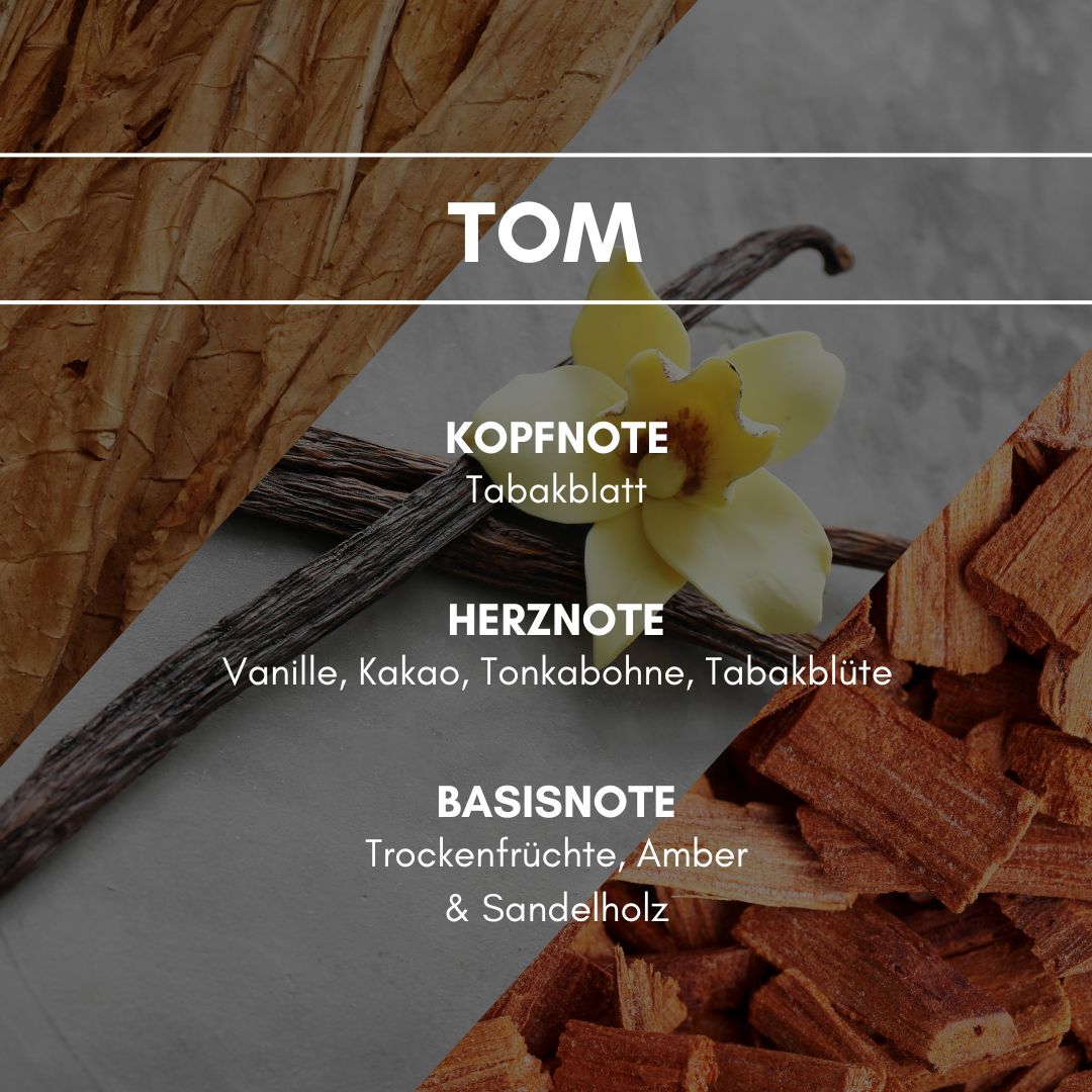 Raumduft "Tom": Die kunstvolle Kombination aus süßlich herben Tabak und der warmen Note von blumig würzigem Vanillearoma erinnert an die rauchige Atmosphäre eines Herrenclubs.