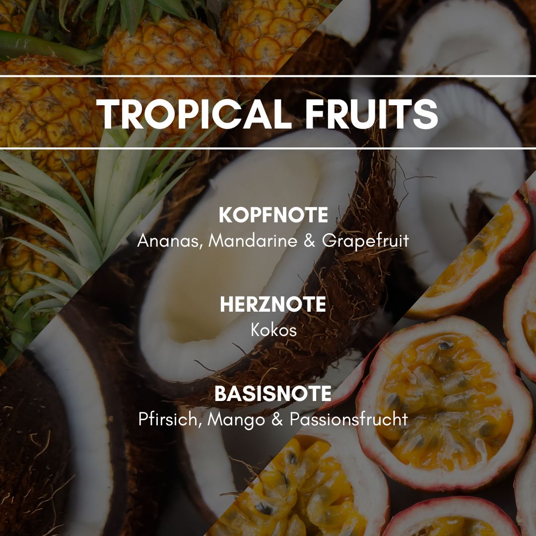 Raumduft "Tropical Fruits": Eine aufregende Duftreise durch einen südländische Obstkorb mit karibischen Akzenten aus Ananas, Kokosnuss und weiteren fruchtigen Highlights.