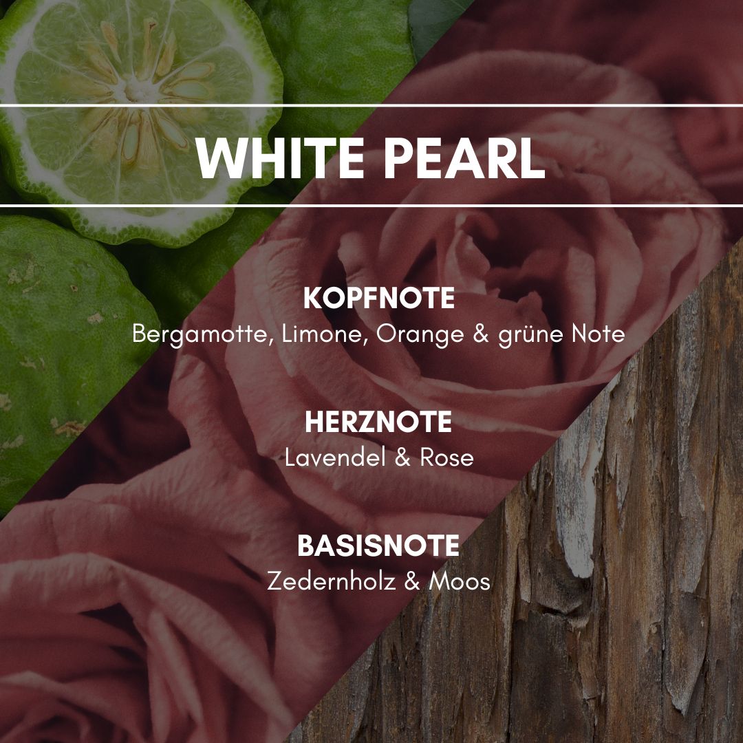 Raumduft "White Pearl": Ein exklusiver, frischer und pflegender Wäscheduft mit einer von Bergamotte, Limone und Orange dominierten Kopfnote.