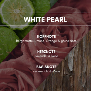 Raumduft "White Pearl": Ein exklusiver, frischer und pflegender Wäscheduft mit einer von Bergamotte, Limone und Orange dominierten Kopfnote.