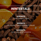 Raumduft "Wintertale": Eine weihnachtliche Duftkomposition aus verschiedensten Gewürzen wie Zimt, Gewürznelken, Zitronenschale, Muskat und sanften, warmen Nuancen durch Tonkabohne und Karamell.