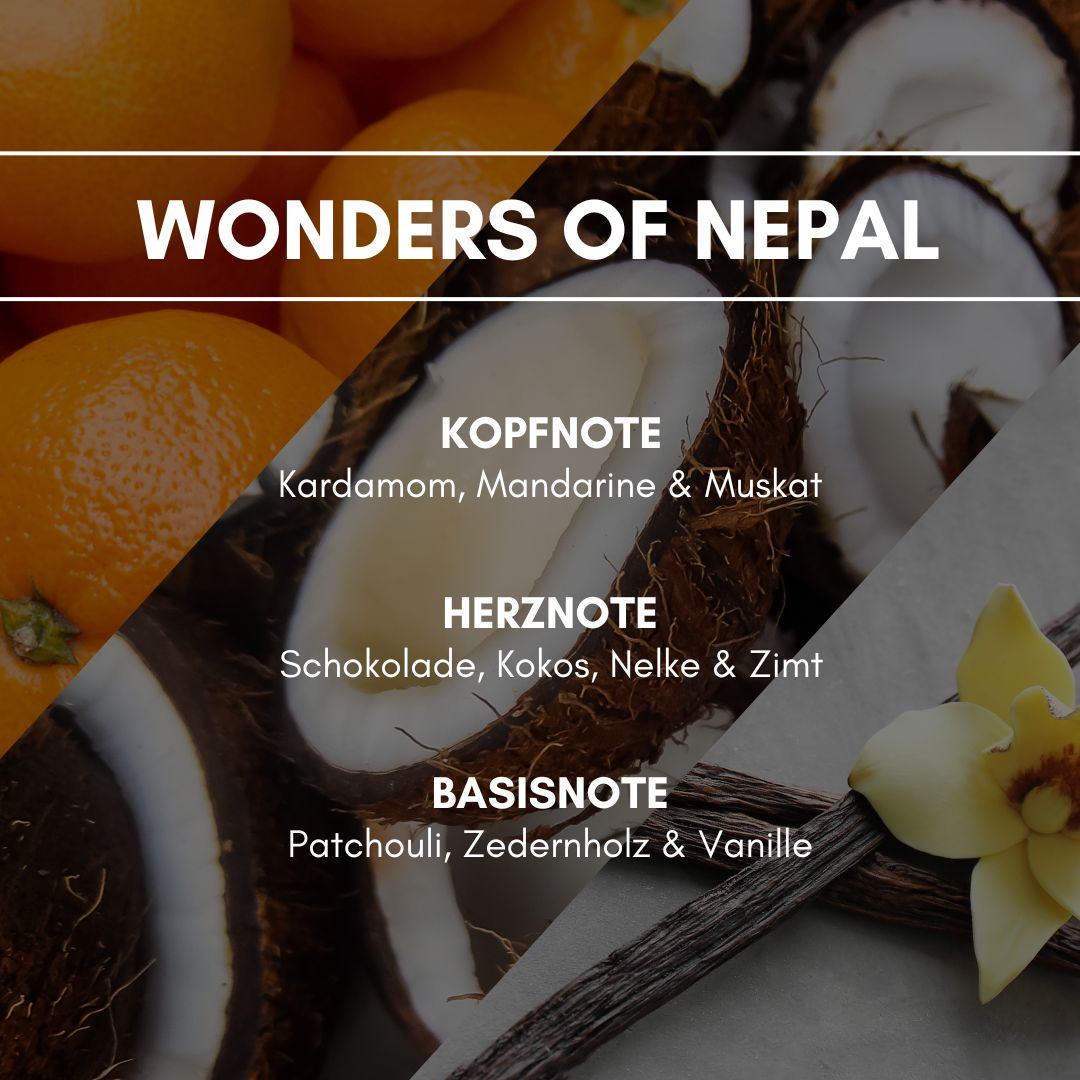 Raumduft "Wonders of Nepal": Karibik trifft auf Orient. Kokos, Schokolade und Moschus vermischen sich zu einem ganz besonderen Duft, der jeden Raum versüßt.